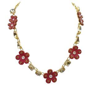 Charming Charlie Floral Gold Tone Vintage Statement Necklace with Red Leather